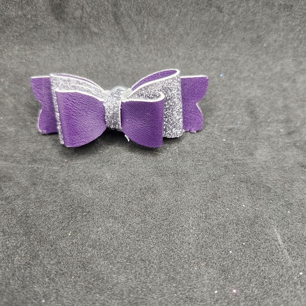 Handmade Purple & Silver Glitter Faux Leather Hair Bow Barrette Clip Girl